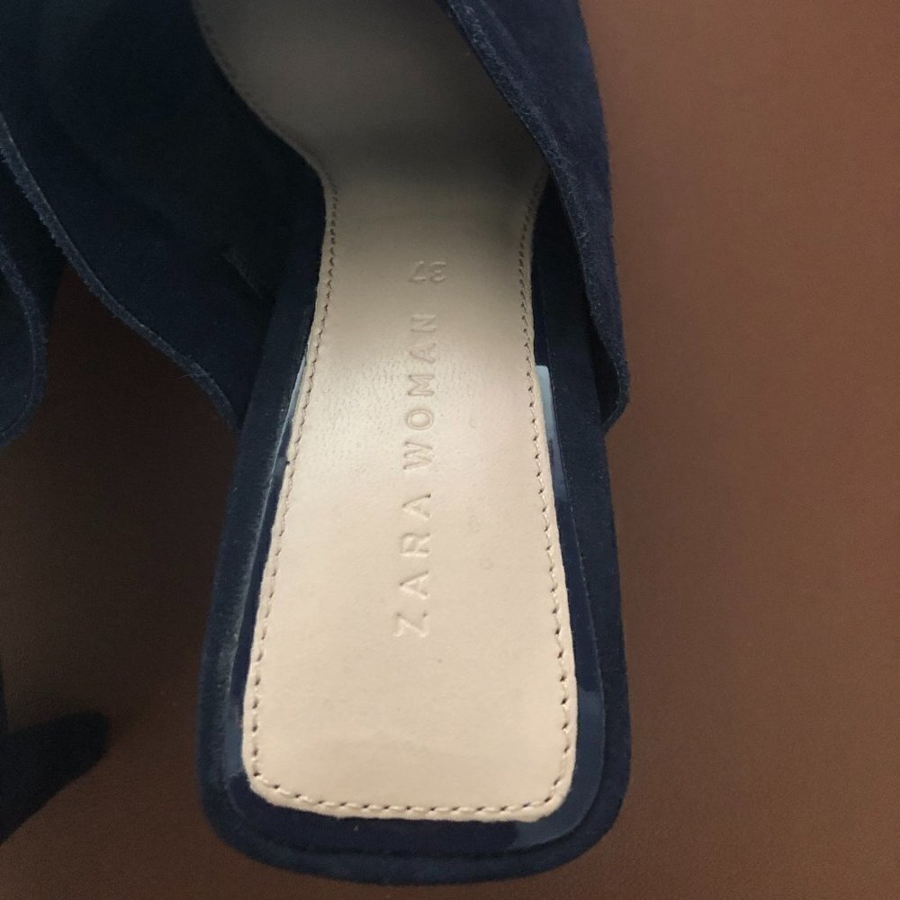 ZARA WOMAN Mule Heels Women's Size 6.5 Blue Square Toe Slip On  Faux Suede - Picture 6 of 12